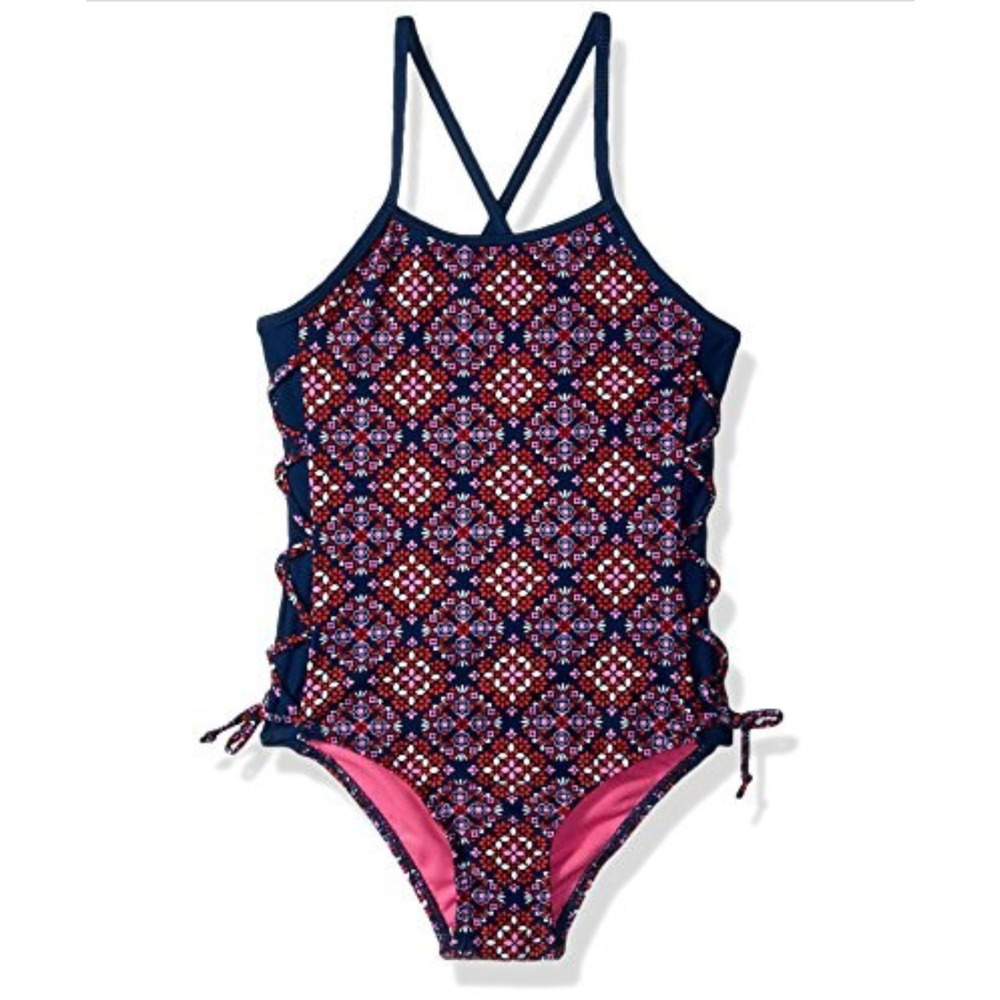 Limited Too Girls' Print Mixing W/Texture Fabric Swimsuit Navy Size 5